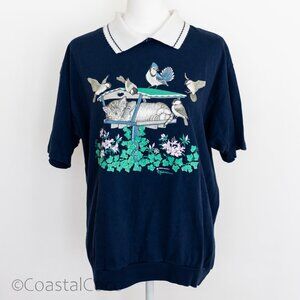 Vintage Morning Sun Collared Sweatshirt L 100% Cotton Cats Birds Preppy Retro